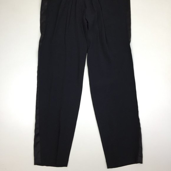 REBECCA TAYLOR Black Shiny Silk Tuxedo Trim Pull On Tapered Leg Soft Pant - Picture 7 of 10